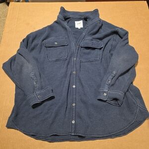 Aerie Womens L Lumberjane Waffle Knit Button Up Shirt Long Sleeve Blue